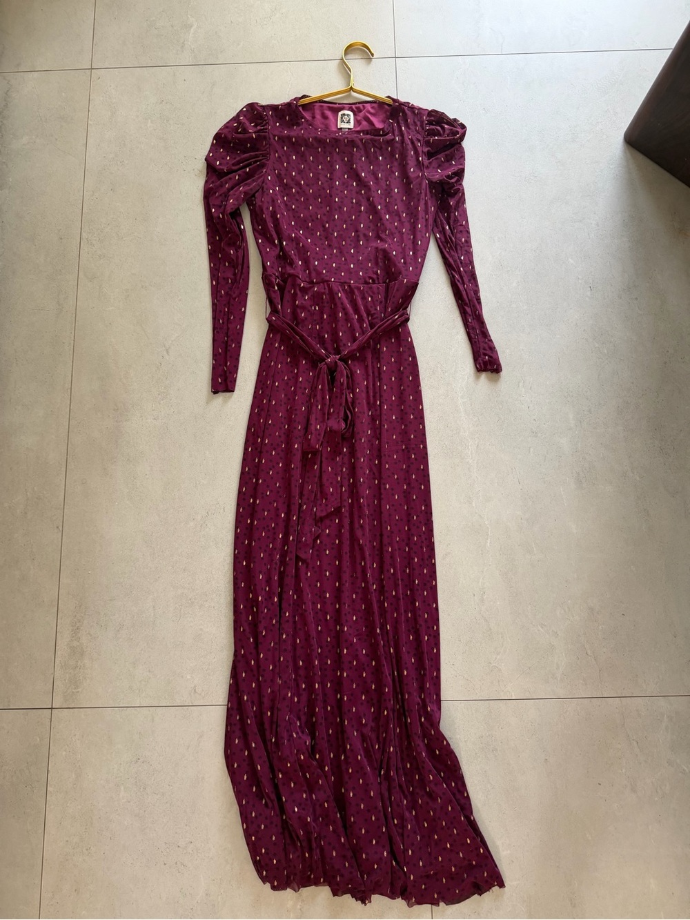 Anne Klein Burgundy Metallic Dot Puff Sleeve Maxi Dress Size S